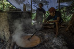 A farmer traditionally process sugar palm juice taken from a sugar palm tree into palm sugar at a forest in Sintang regency, West Kalimantan, Indonesia.